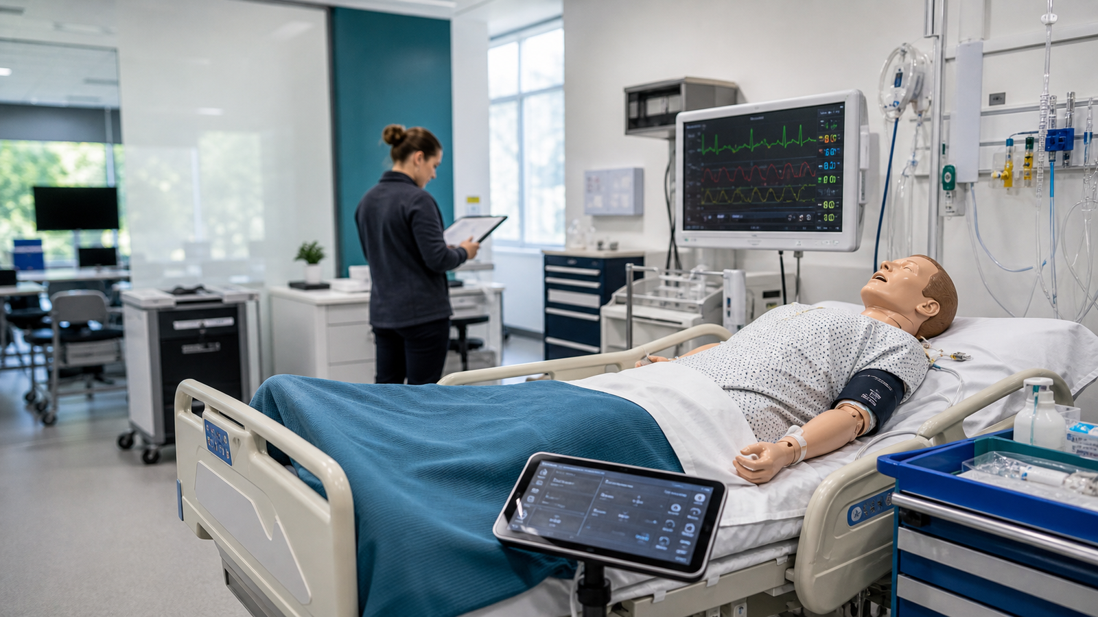 Healthcare simulation training lab with a patient manikin, monitor, and equipment